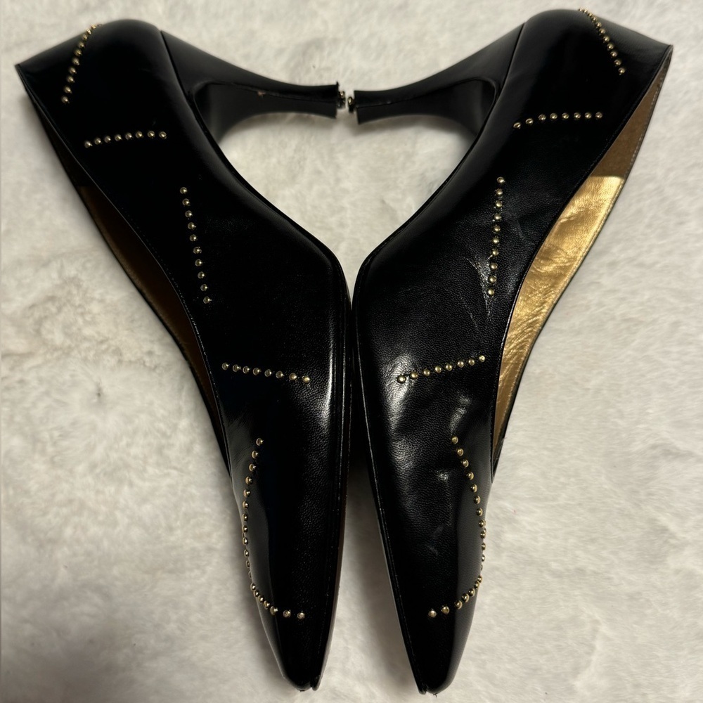 Vintage 80’s Stuart Weitzman Black Leather Gold Studded Heels Pumps Avante Garde - Picture 13 of 16